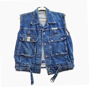 Vintage Ferrari Denim Vest Womens Blue Utility Sleeveless Jacket D-Ring Belted